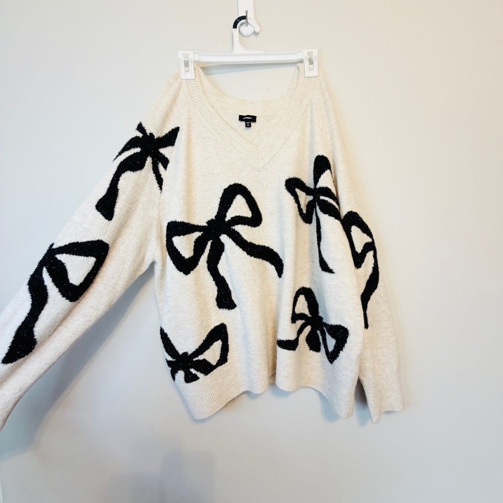Express Cream Knit Sweater with sparkle black bow details - Picture 3 of 8